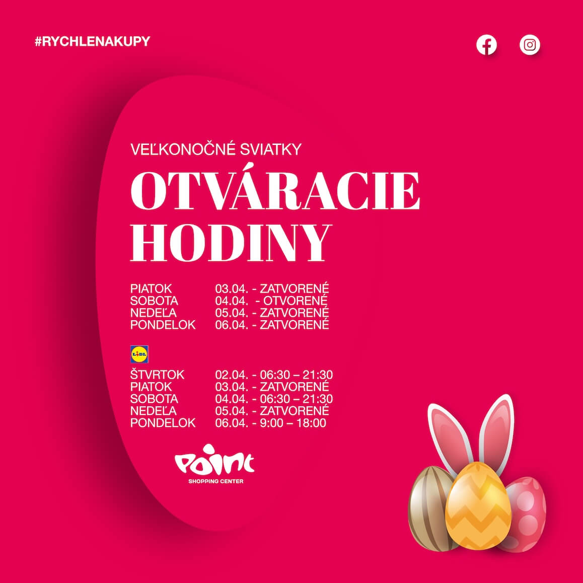 Otváracie hodiny SC Point počas VEĽKONOČNÝCH SVIATKOV.